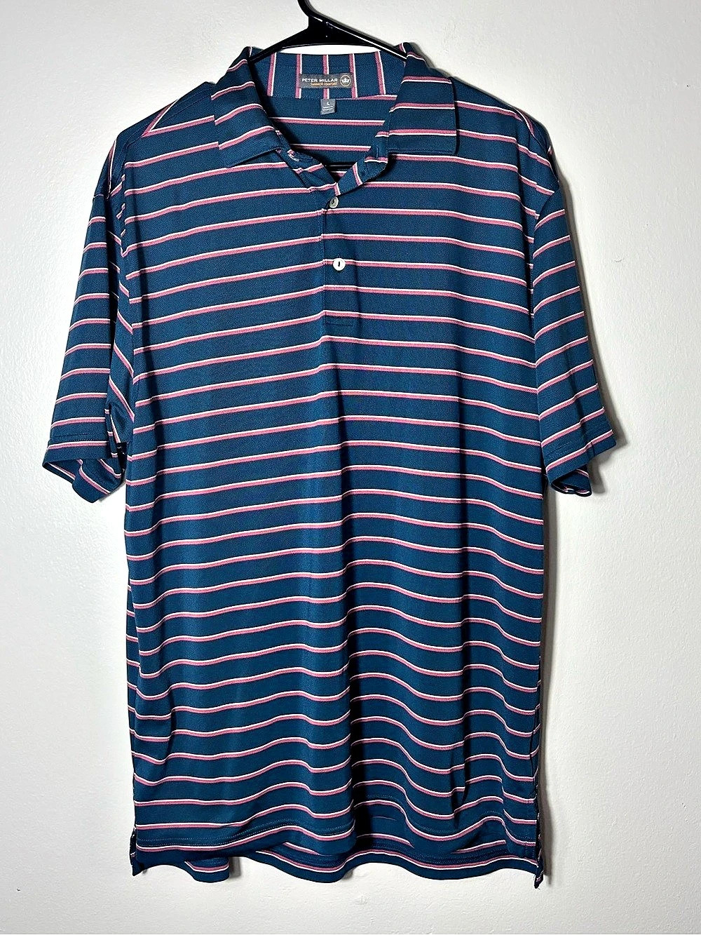 Peter Millar Summer Comfort Men's L Blue Striped Short Sleeve Button Polo